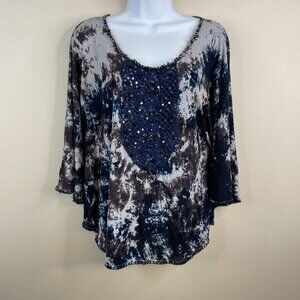 Vintage Faith Womens BOHO Tunic Top Size XS Blue Beaded Sequin Crochet Indie